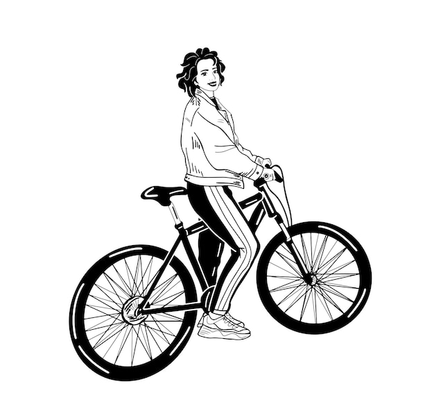 Disegno di carattere vettoriale di una giovane donna adulta in sella a biciclette. Pantaloni a vita bassa femminili alla moda sulla bici