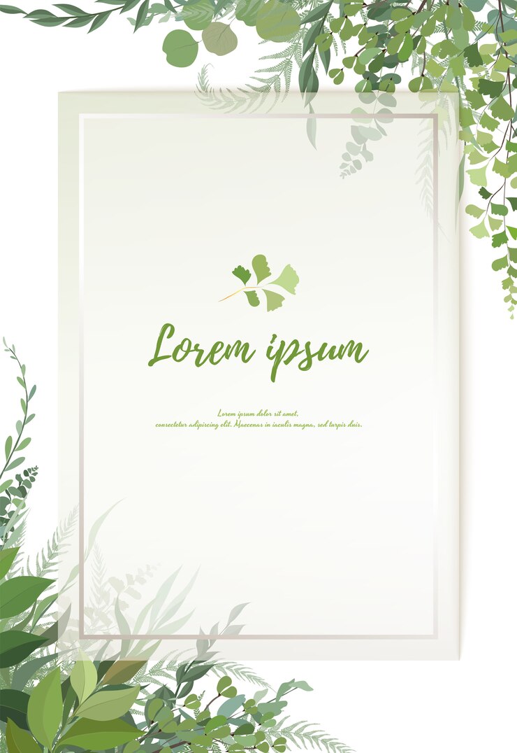 disegno di carta floreale verde: felce foresta fronde di eucalipto ramo foglie verdi fogliame verde erba cornice. Invito a nozze