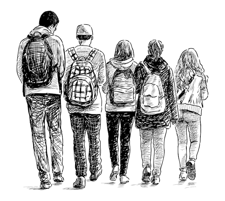 Vettore disegno di cinque scolari che camminano all'aperto, ritratto realistico a mano