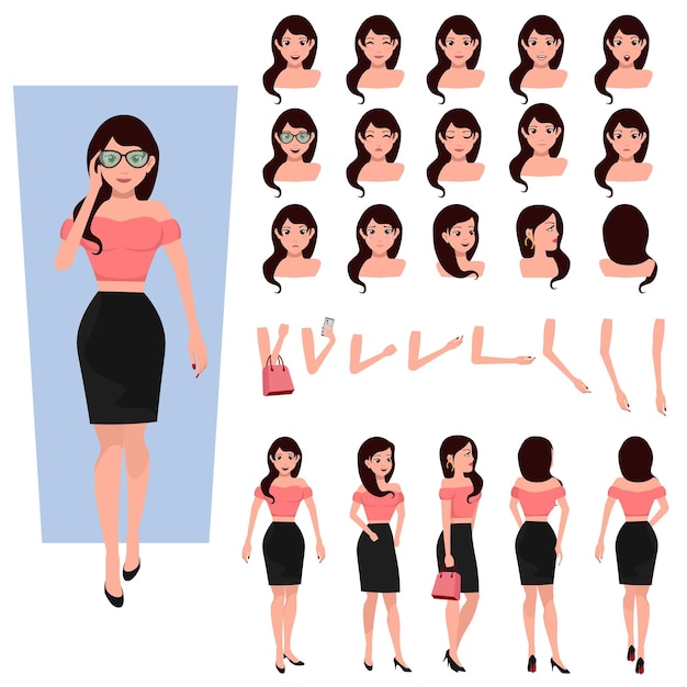 Disegno di creazione di personaggi femminili giovani per il disegno piatto di cartoni animati