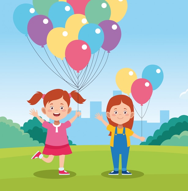 Disegno di giorno di bambini felici con bambini felici dei cartoni animati e palloncini colorati