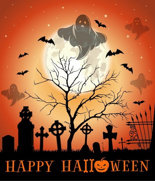 Disegno di Halloween. Biglietto di auguri di Halloween con cimitero infestato. illustrazione