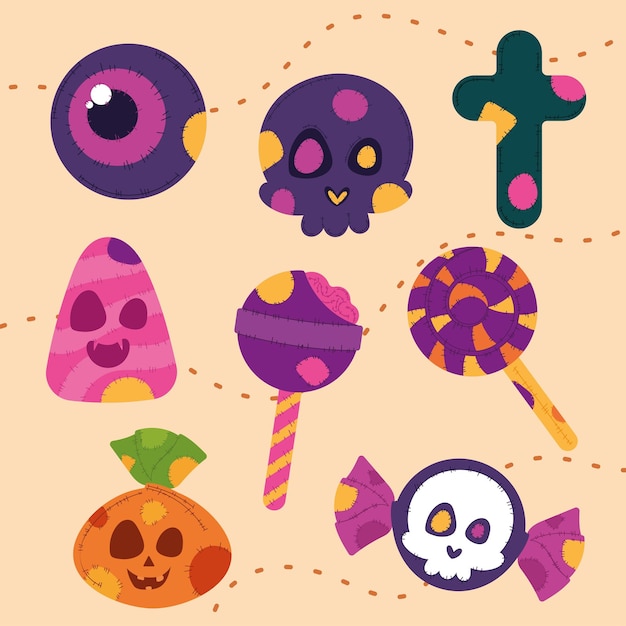 Disegno di Halloween con teschi caramelle e occhi spaventosi vettore