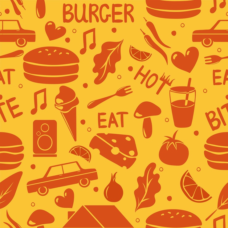 Vettore disegno di hamburger e cibo carta di imballaggio cafe ingredienti oggetti arancione su una consistenza vettoriale gialla