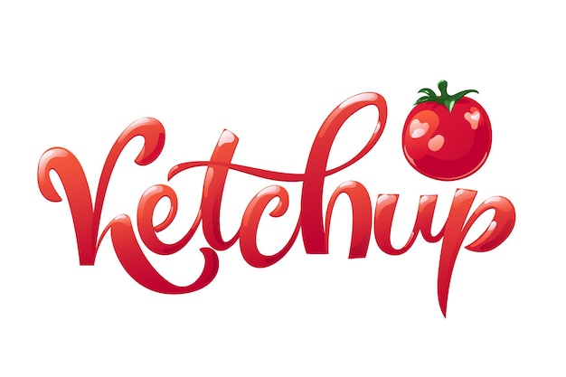 Disegno di iscrizione disegnato a mano di ketchup. Tipografia moderna in stile cartone animato piatto con lettere rosse lucide.