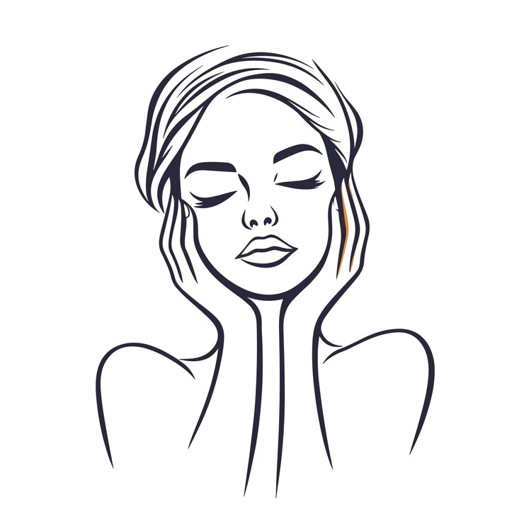 Vettore disegno di linea volto di donna astratto con le mani vettore viso femminile stilizzato concetto di moda di bellezza femminile