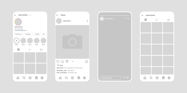Disegno di mockup dell'interfaccia dell'app di rete sociale Moderno layout della storia del profilo della piattaforma di social media