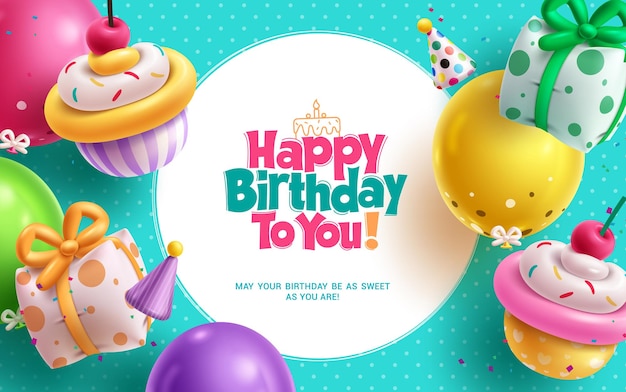 Disegno di modello vettoriale di auguri di compleanno Testo di augure di compleanno in bianco vuoto con torta