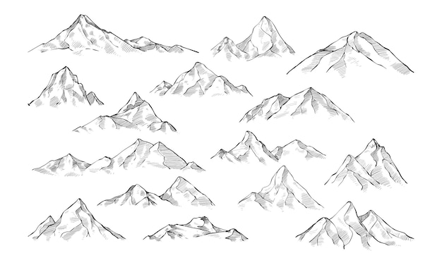 disegno di montagna, illustrazione disegnata a mano, incisione