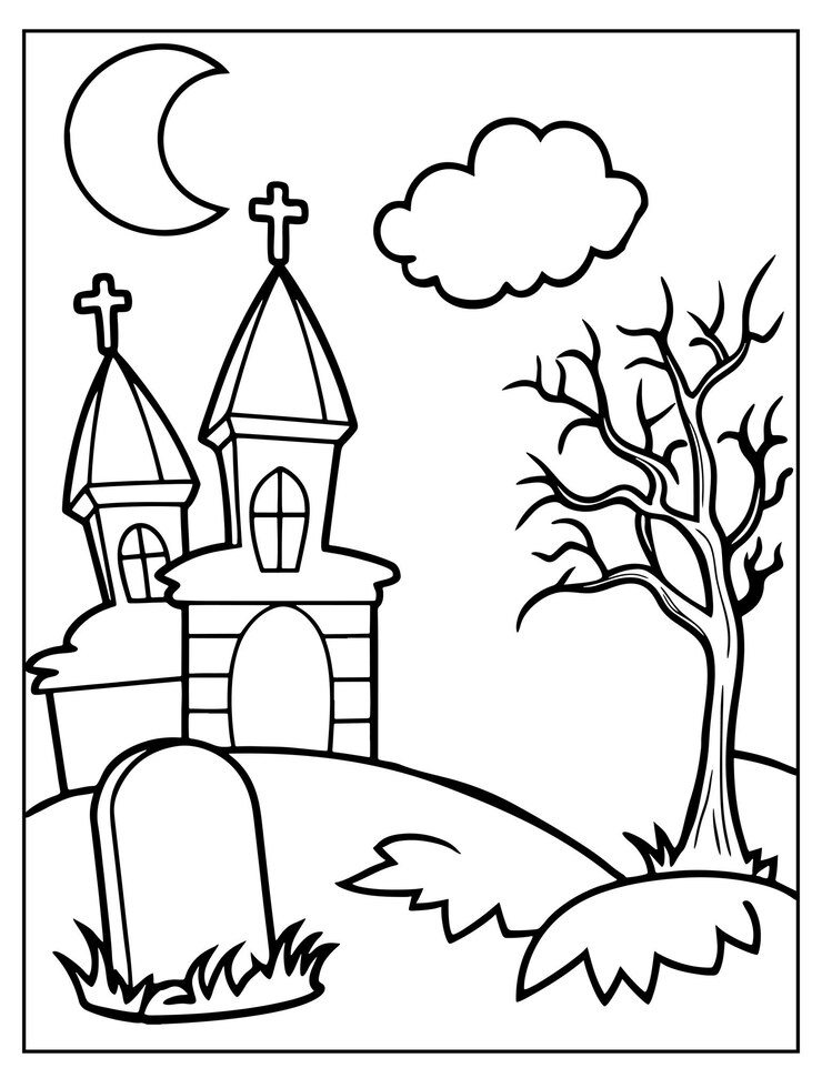 Vettore disegno di pagina da colorare per halloween cimitero halloween disegno vettoriale halloween disegno in bianco e nero
