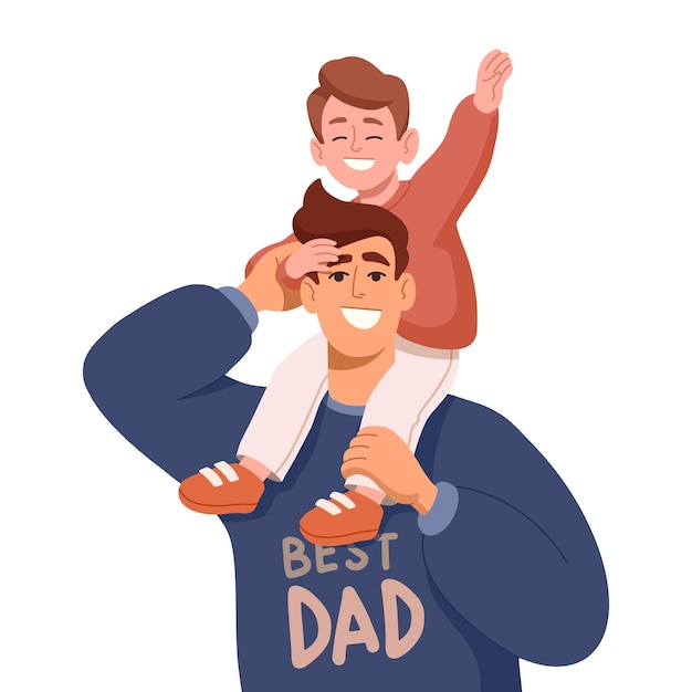 Disegno di papà felice con figlio seduto sulle spalle in stile cartone animato per la stampa e il design Illustrazione vettoriale