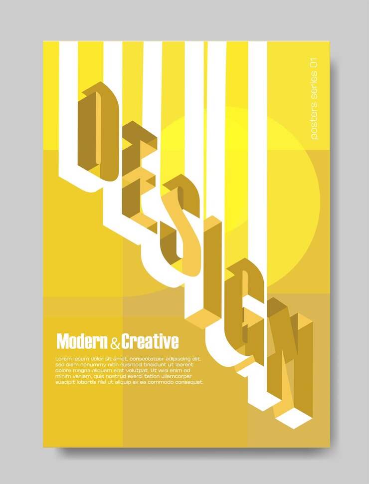 Vettore disegno di poster con tipografia 3d audace e modelli geometrici gialli layout minimalista con testo su un