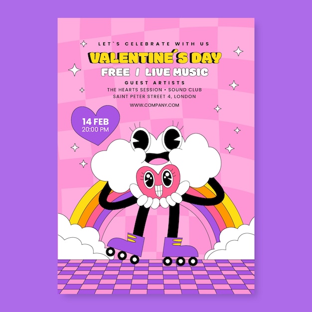 Disegno di poster di cartoni animati retro per il giorno di San Valentino