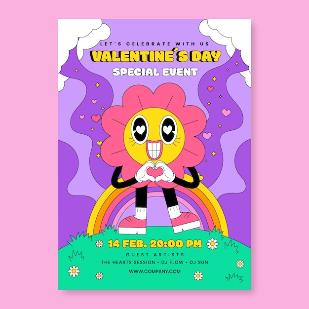 Disegno di poster di cartoni animati retro per il giorno di San Valentino