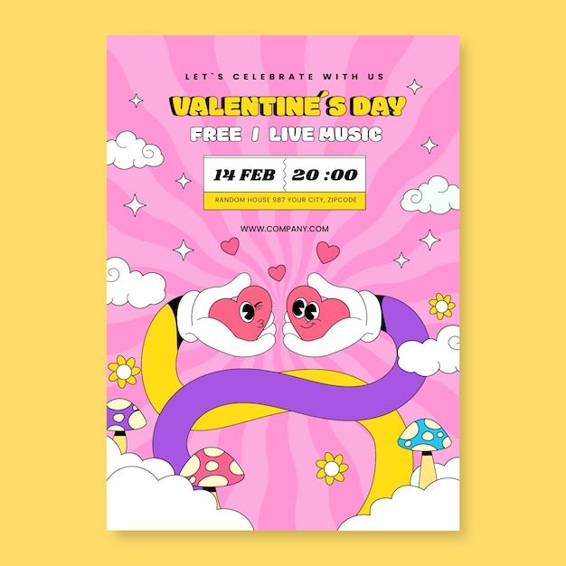 Disegno di poster di cartoni animati retro per il giorno di San Valentino