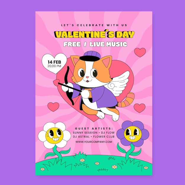 Disegno di poster di cartoni animati retro per il giorno di San Valentino