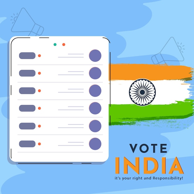 Disegno di poster di consapevolezza con messaggio dato Vota l'India è il tuo diritto e responsabilità Pinta la bandiera indiana e la macchina di voto su sfondo blu