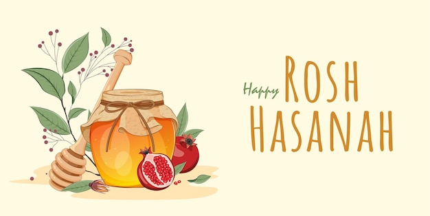 Disegno di poster di Rosh Hashanah con un barattolo di mela di miele e melograno Modello di Capodanno ebraico