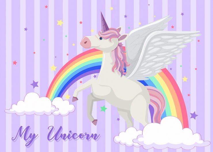 Vettore disegno di sfondo con arcobaleno e unicorno