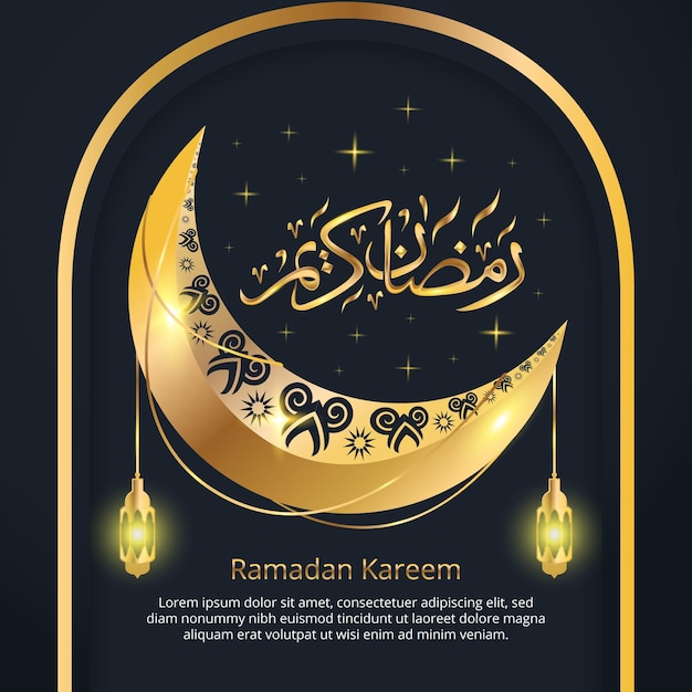 Disegno di sfondo Ramadan Kareem con brillante calligrafia dorata e luna