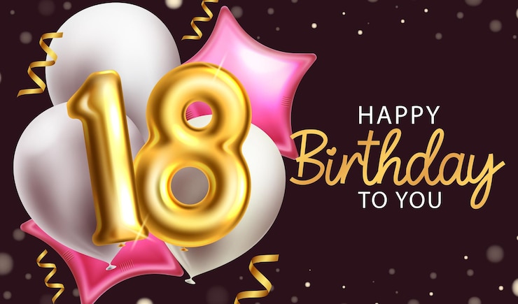 Vettore disegno di sfondo vettoriale 18 di compleanno. testo di buon compleanno con palloncini ed elementi di coriandoli