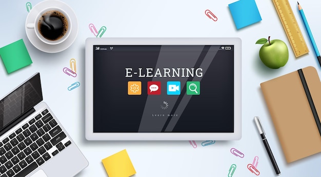 Disegno di sfondo vettoriale per l'istruzione elearning Testo elearning nel dispositivo tablet con formazione online