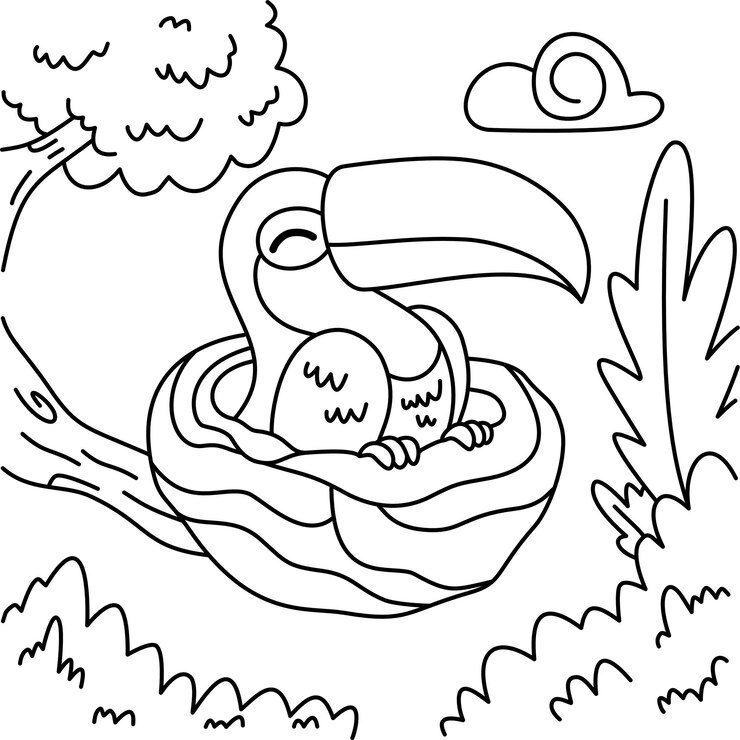 Disegno di un tucano sul nido in mezzo alla natura