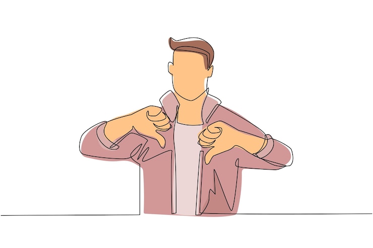 Vettore disegno di una singola linea continua giovane infelice che mostra i pollici verso il basso segno e gesto di disapprovazione