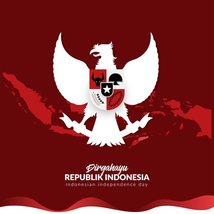 disegno e illustrazione della celebrazione del giorno dell'indipendenza indonesiano con il simbolo pancasila e la mappa indonesiana