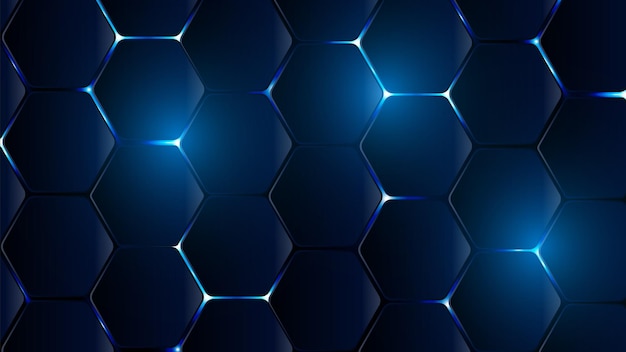 Disegno esagonale futuristico con sfondo tecnologico a luce blu luminosa