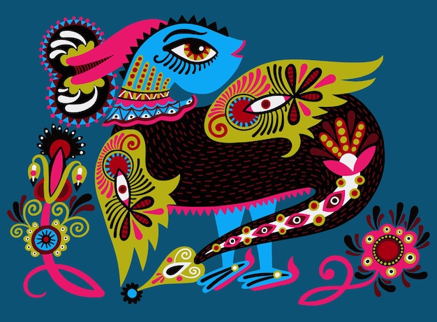 Disegno etnico di animali fantastici in stile karakoko insolito animale tradizionale ucraino