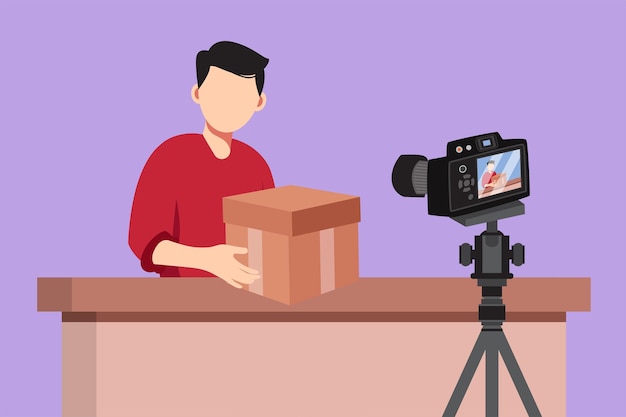 Disegno flat in stile cartone animato giovane vlogger maschio unbox e recensione del prodotto in diretta sul canale di streaming in studio Influencer dei social media che registra video di unboxing a casa Illustrazione vettoriale di progettazione grafica