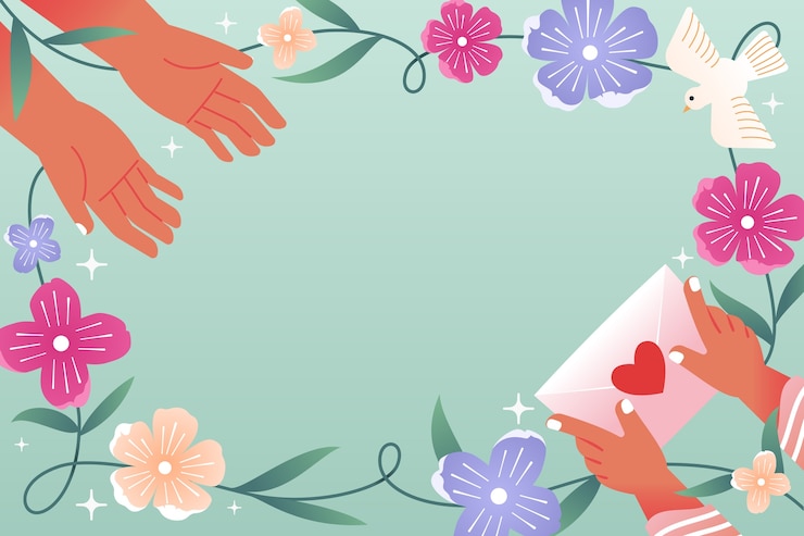 Vettore disegno floreale romantico con mani, fiori e una colomba