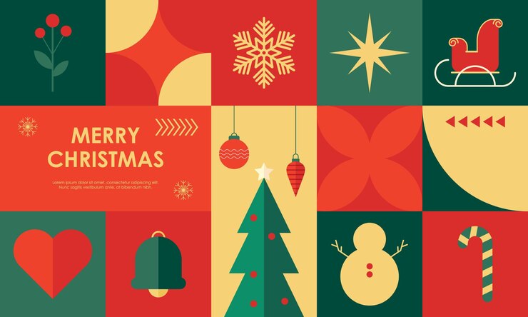 Disegno geometrico senza cuciture di Natale con icone piatte di Natale Elementi per carta da avvolgere