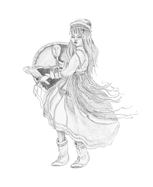 Disegno grafico di una ragazza sciamana con un tamburello