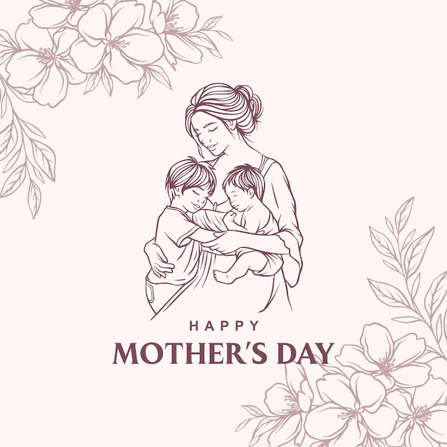 Disegno illustrato a mano di una madre che abbraccia suo figlio Buona Festa della Madre