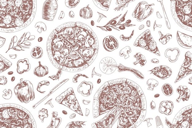 Disegno in bianco e nero senza cuciture con pizze italiane, ingredienti e strumenti. Texture infinite per l'imballaggio e le confezioni in pizzeria. Sfondo ripetibile con cibo. Illustrazione vettoriale disegnata a mano.