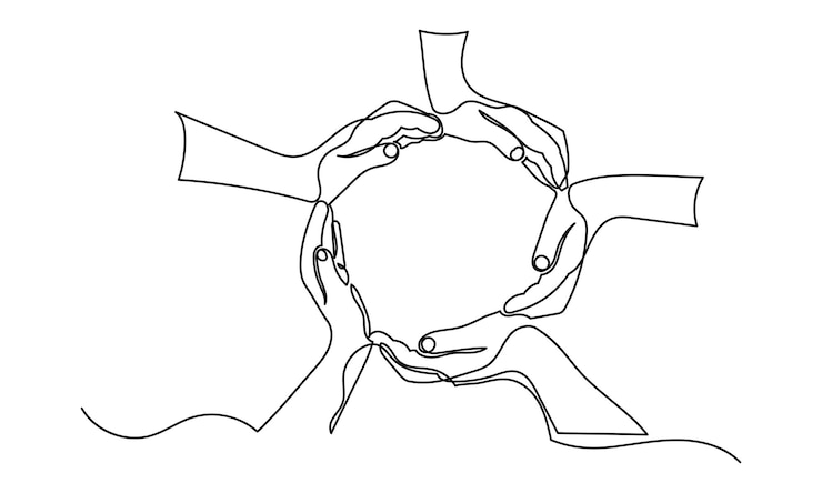 Vettore disegno in linea continua di uomini d'affari mette le palme insieme facendo una forma circolare