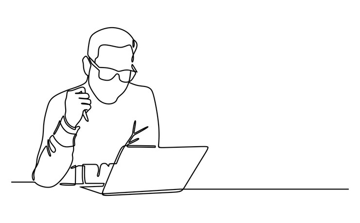 Disegno in linea continua di uomo d'affari imprenditore professionista che lavora sul portatile