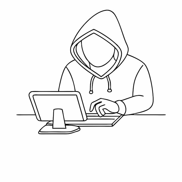 Disegno in linea singola di uno stereotipo di hacker informatico in un'illustrazione vettoriale di linea 14