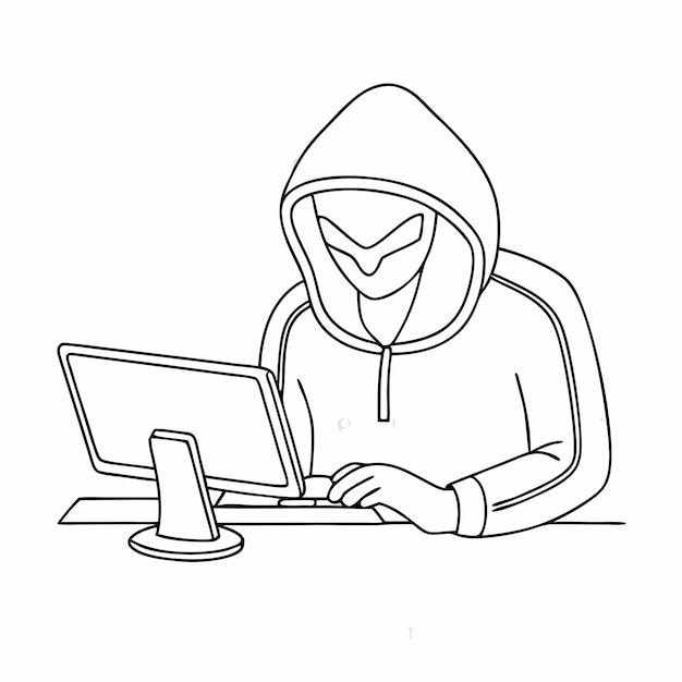 disegno in linea singola di uno stereotipo di hacker informatico in un'illustrazione vettoriale line art 23