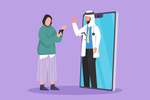 Disegno in stile piatto Cartoon Paziente arabo femminile che tiene il cellulare in piedi di fronte a uno smartphone gigante e consulta un medico maschio Medico online o assistenza sanitaria digitale Illustrazione vettoriale del design grafico