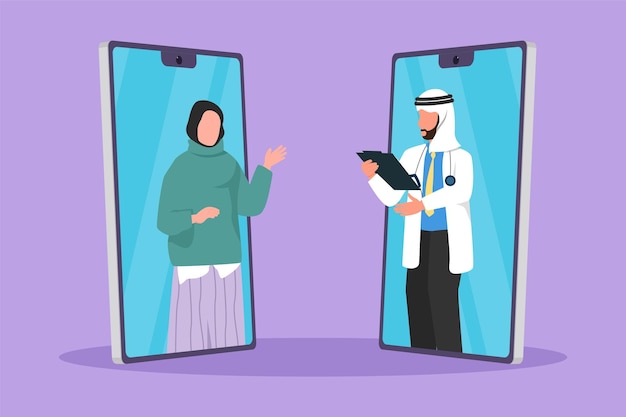 Disegno in stile piatto del fumetto due smartphone faccia a faccia contengono una giovane paziente che parla online con un medico maschio arabo mentre tiene in mano appunti Assistenza sanitaria digitale Illustrazione vettoriale di progettazione grafica
