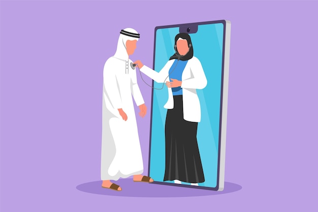 Disegno in stile piatto del fumetto La dottoressa araba esce dallo schermo dello smartphone e controlla la frequenza cardiaca del paziente maschile utilizzando lo stetoscopio Metafora medica del medico online Illustrazione vettoriale di progettazione grafica