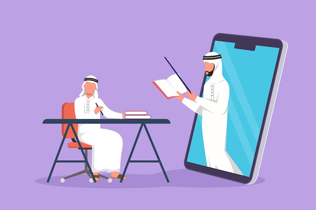 Disegno in stile piatto del fumetto Studente maschio arabo seduto sulla sedia con scrivania che studia fissando lo schermo dello smartphone all'interno del laptop c'è un docente maschio che insegna illustrazione vettoriale di progettazione grafica