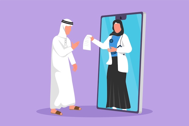 Disegno in stile piatto di cartoni animati di un paziente maschio arabo che riceve la prescrizione da una dottoressa che esce dallo schermo dello smartphone Consultazione medica medica online Illustrazione vettoriale del disegno grafico