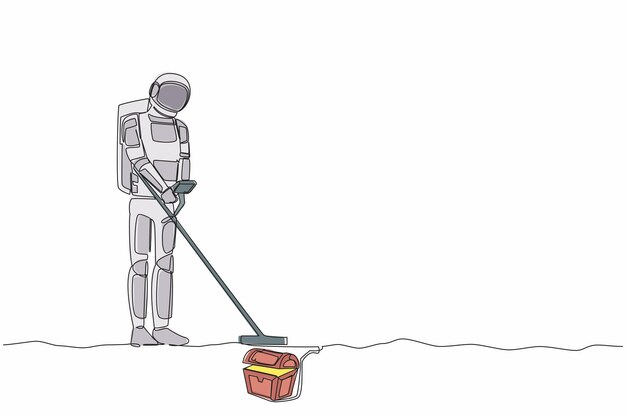 Disegno in una sola linea di un giovane astronauta con un rivelatore di metalli che cerca un design vettoriale di un baule del tesoro