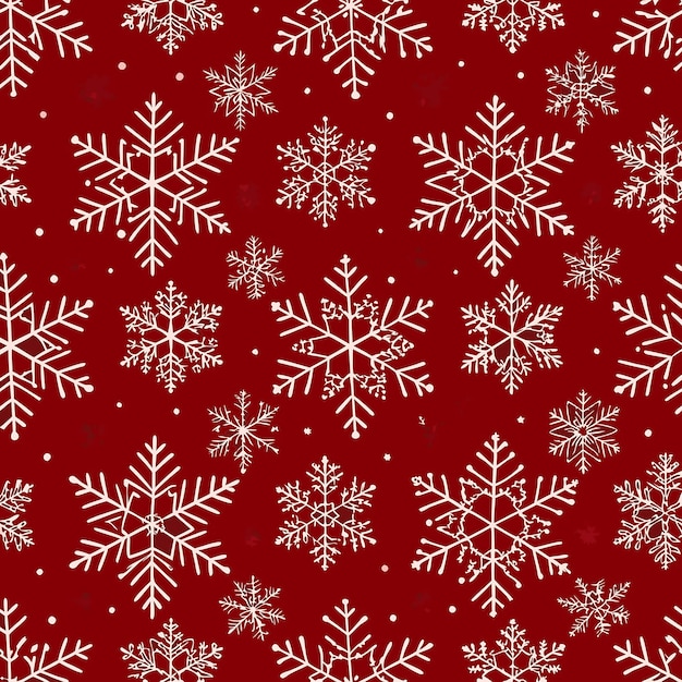 Disegno invernale senza cuciture con fiocchi di neve bianchi su uno sfondo rosso festivo