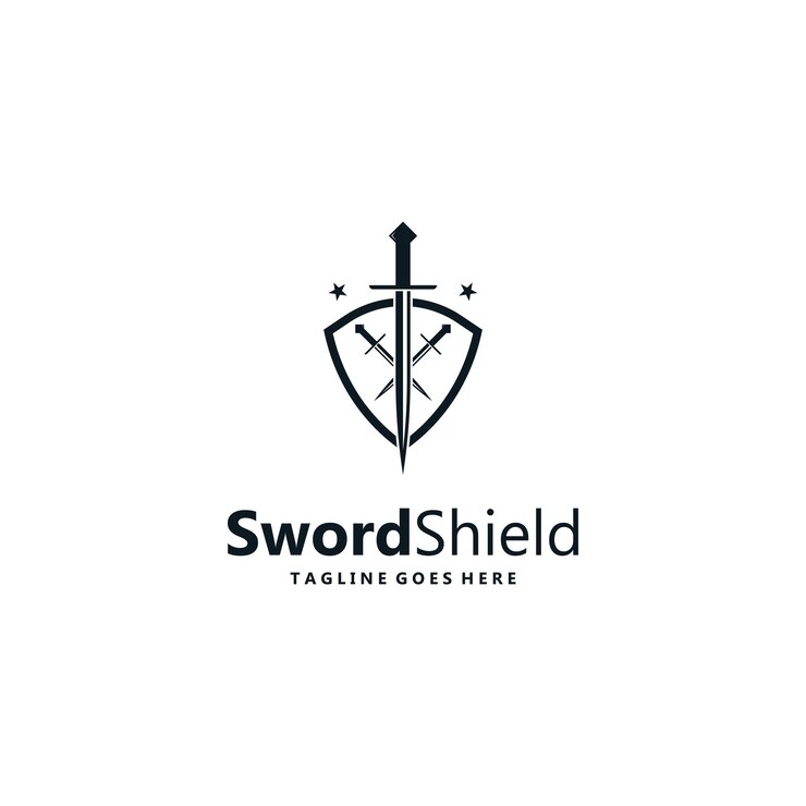 Vettore disegno logo spada e scudo