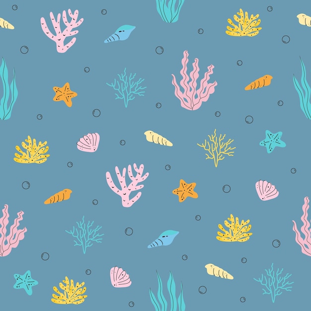 Disegno marino con coralli e alghe marine o alghe